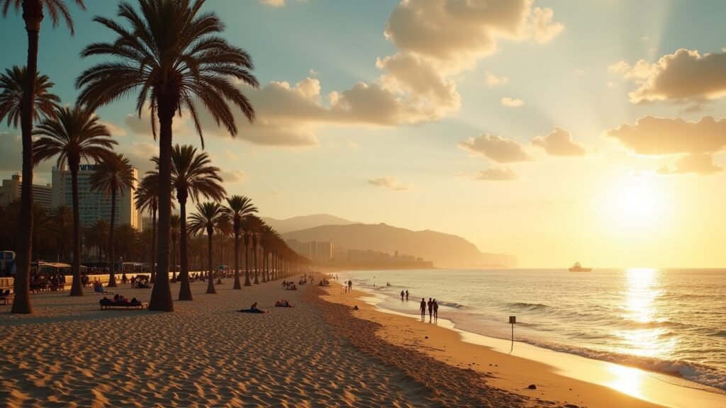 La Barceloneta beach with palm trees