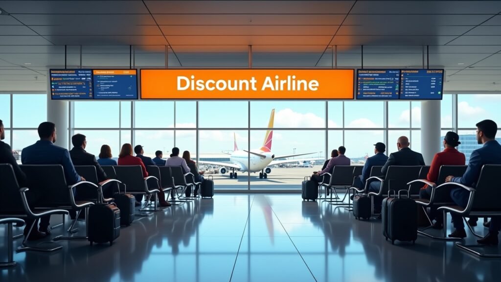 Airport gate with discount airline sign