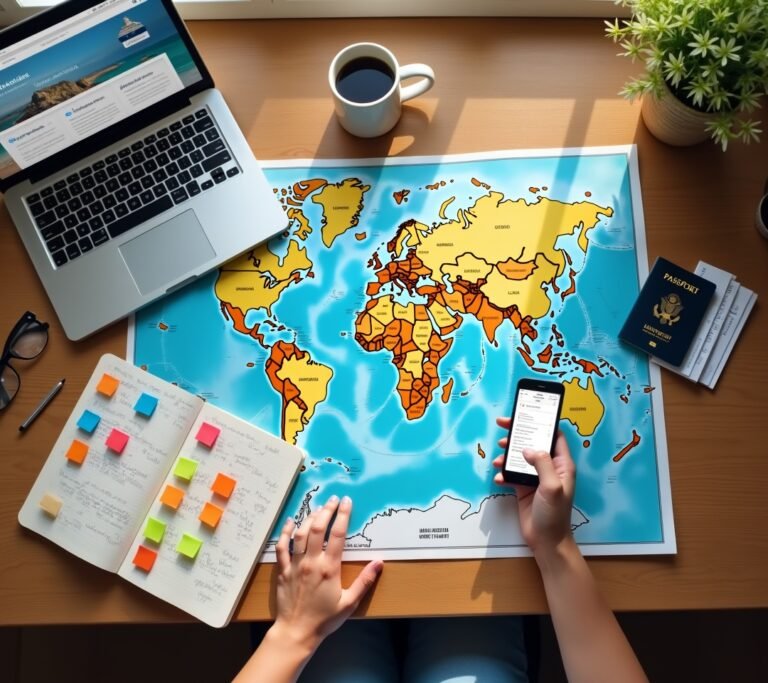 Person planning trip on laptop with map