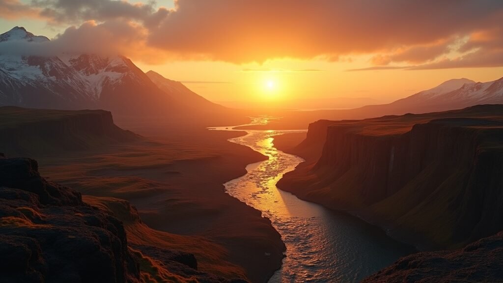 Midnight sun Iceland golden sky