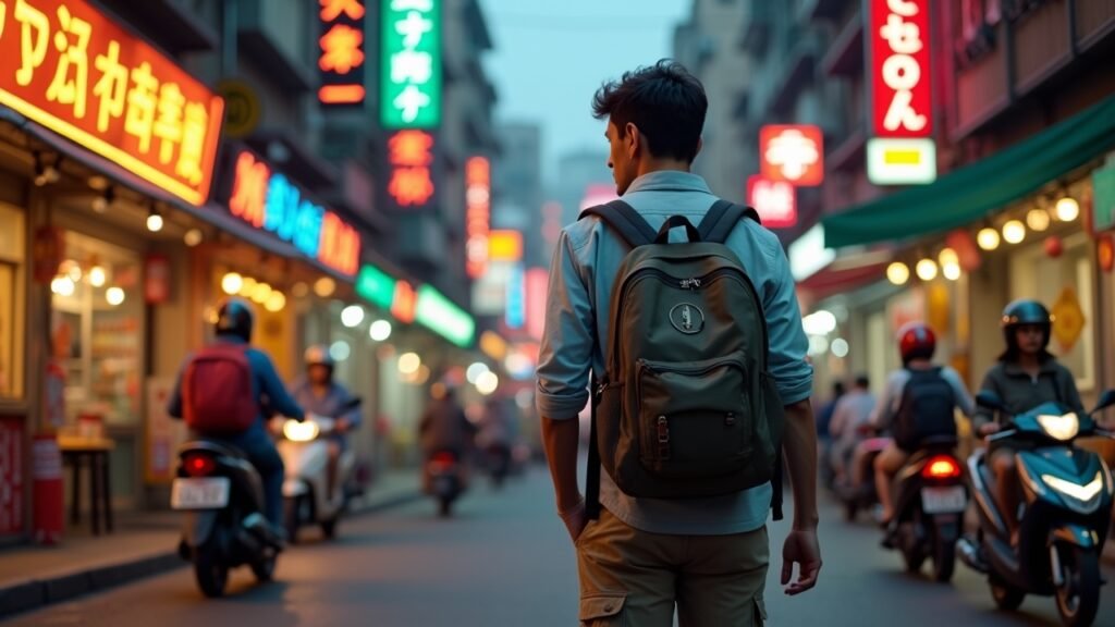 Backpacker walking through Asian city