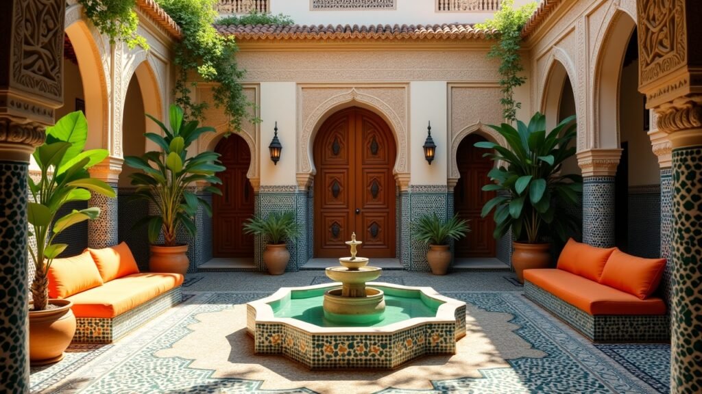 Moroccan riad courtyard with fountain