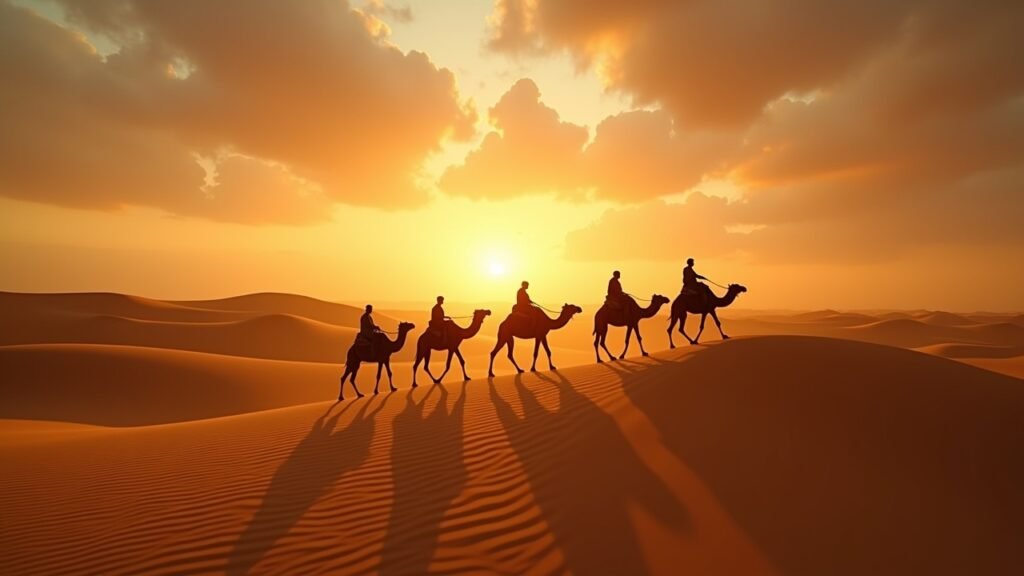Camel ride sunset Sahara dunes