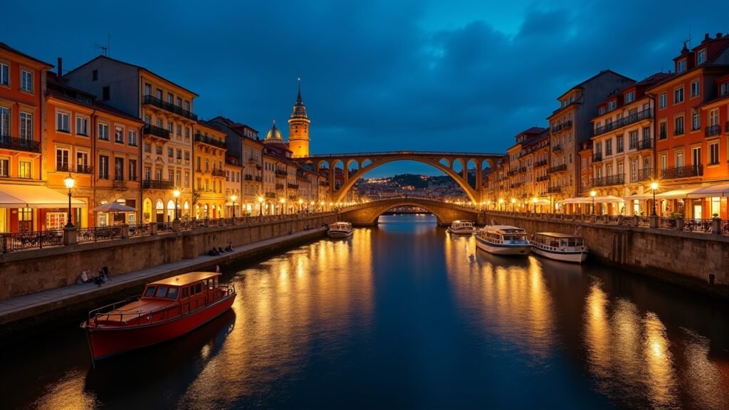 Porto ribeira waterfront at night