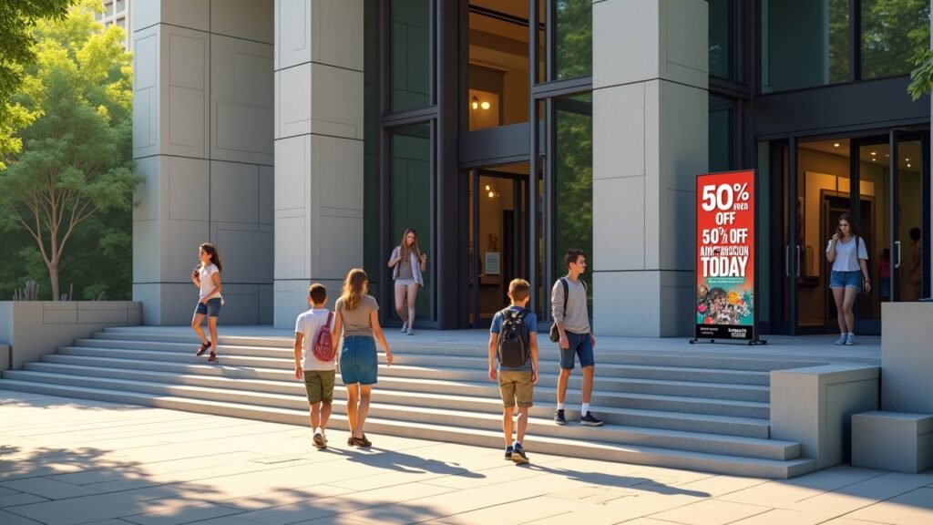 Museum entrance with discount sign