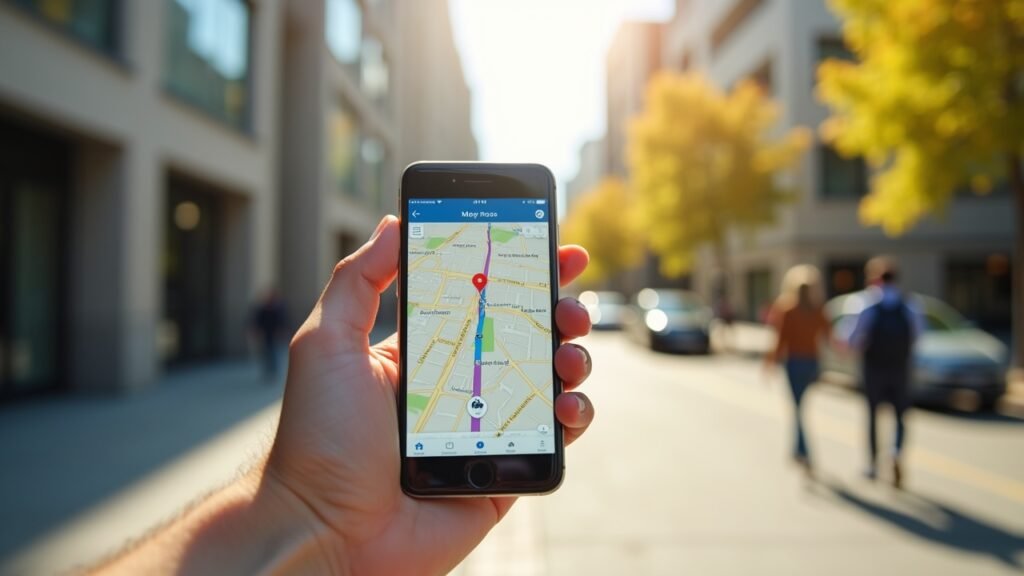 Maps app open on phone outdoors