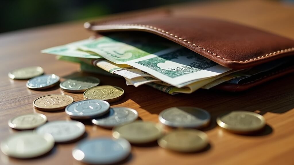 Wallet with foreign currency and coins