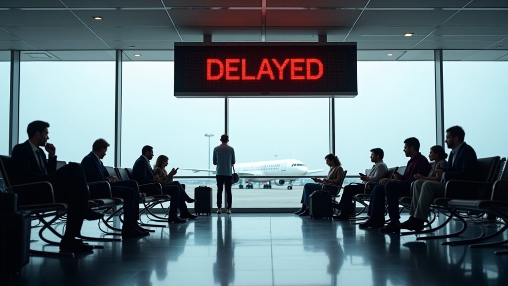 Airport with delayed flight sign