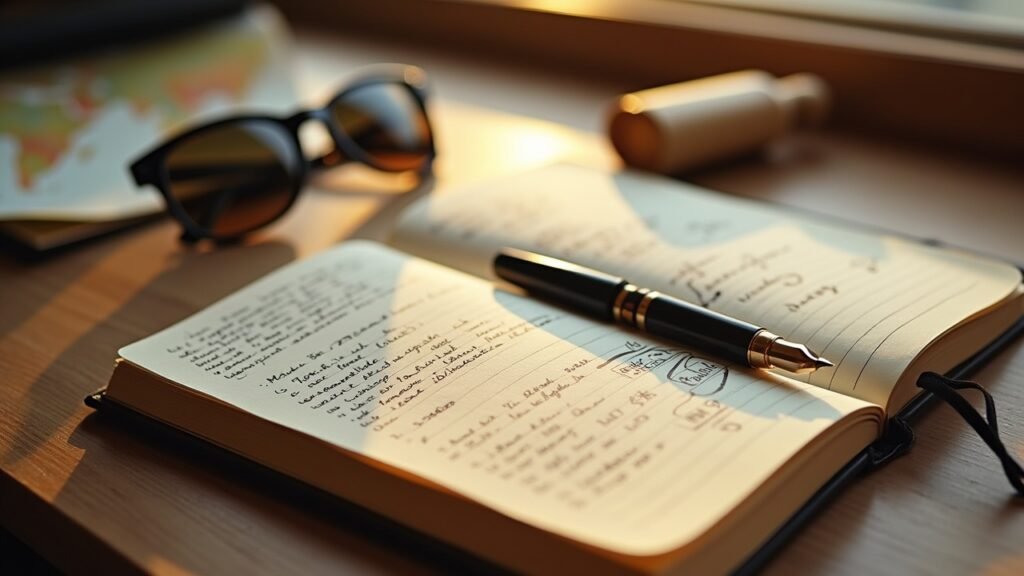 Open notebook with handwritten travel plans