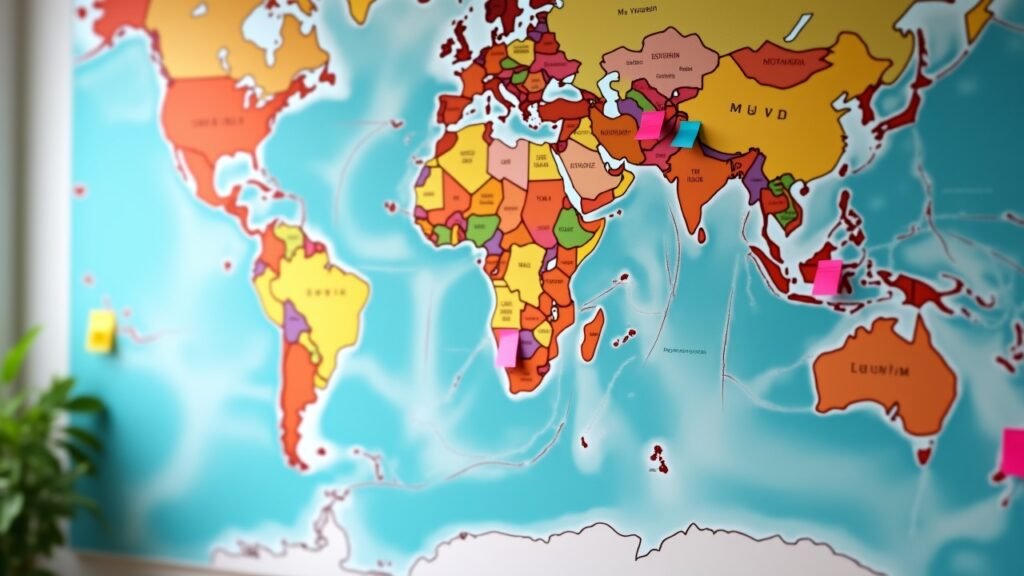Colorful sticky notes on world map