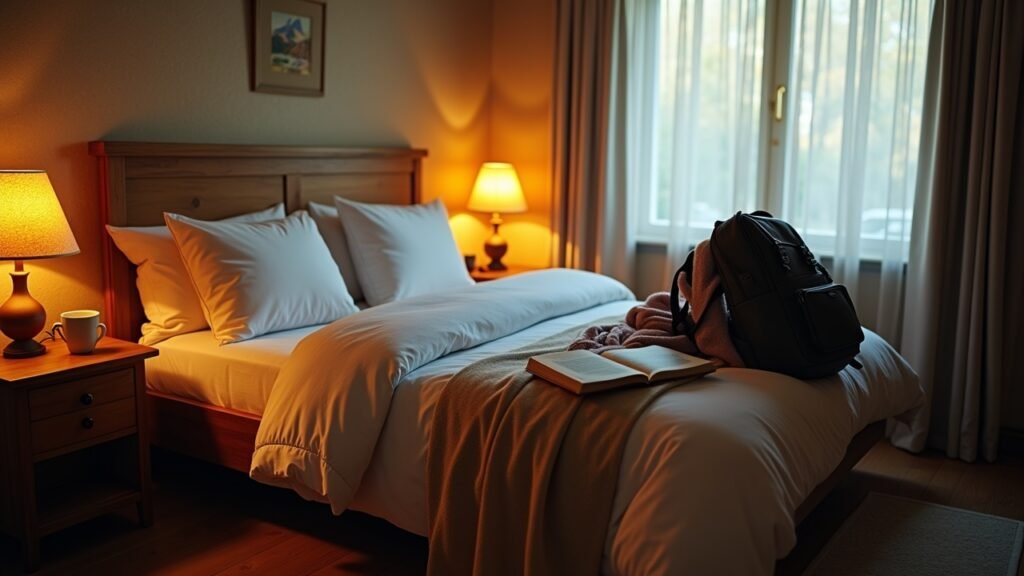 Cozy guesthouse room with backpack