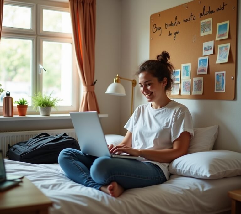 Hostel bunk beds with travelers