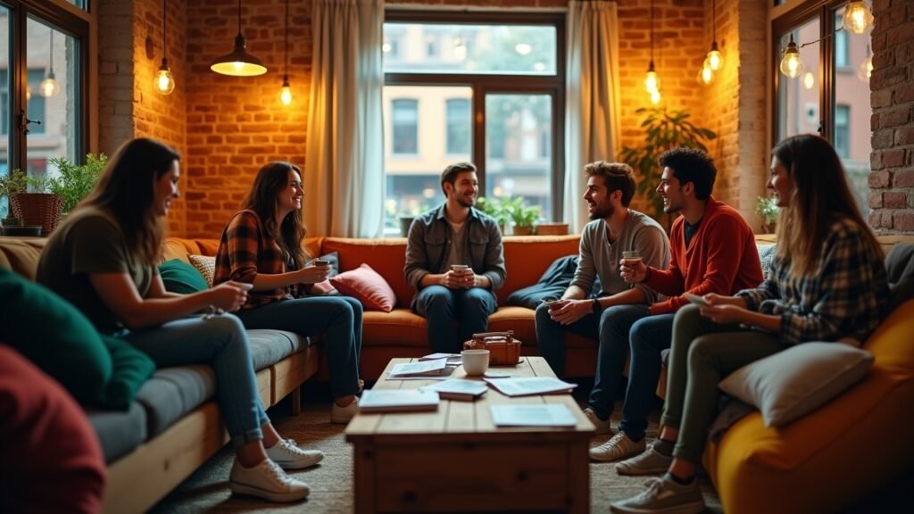 Hostel common room with travelers