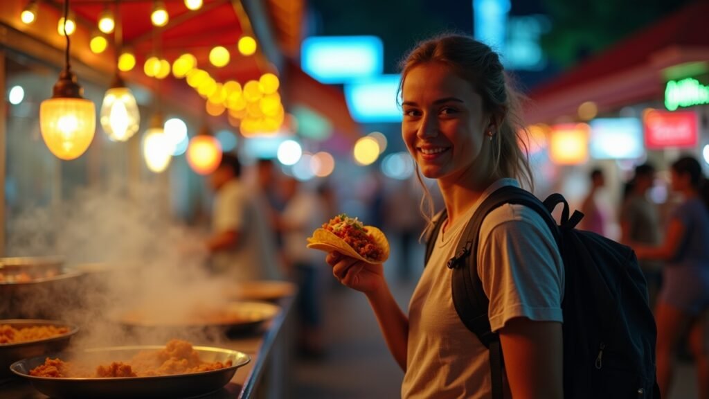 Traveler eating street food at market