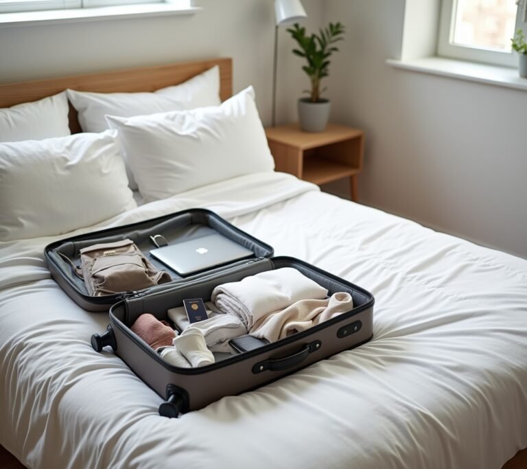 Small carry-on bag next to full outfit layout