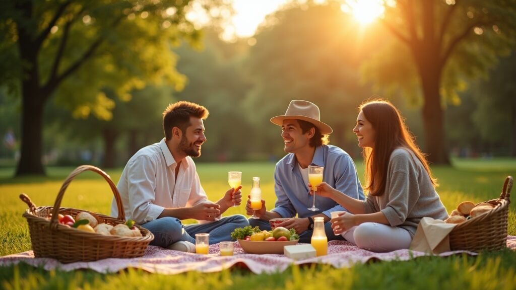 Picnic in park with local grocery food