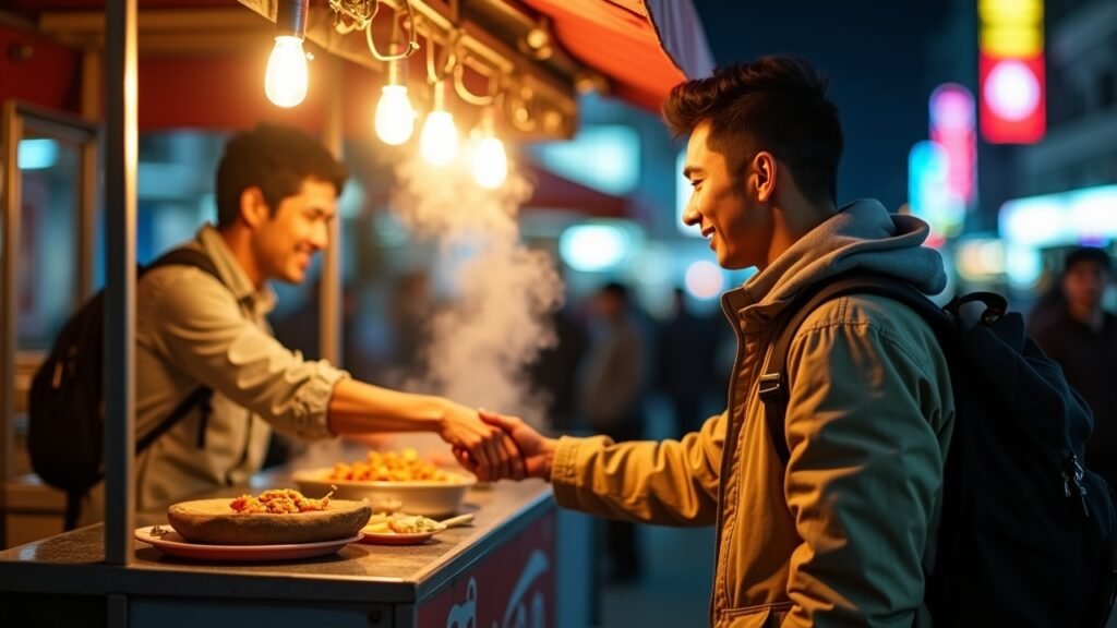 Traveler at street food stall paying