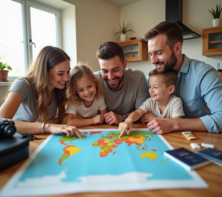 Family at airport with luggage