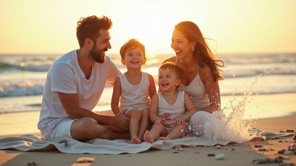 Family laughing on beach vacation