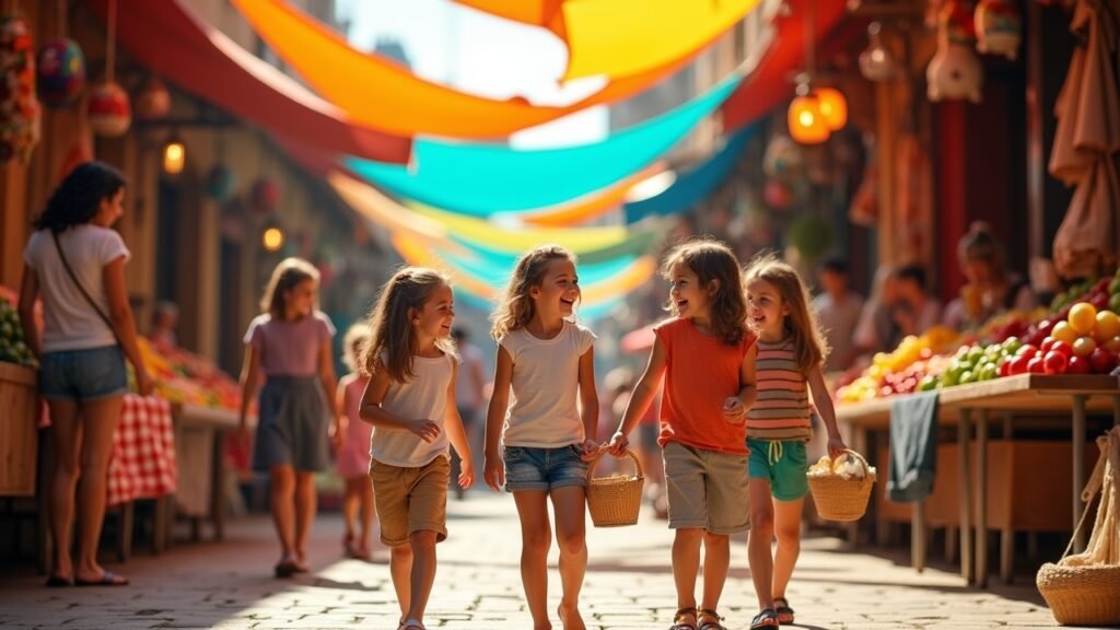 Kids exploring a colorful market