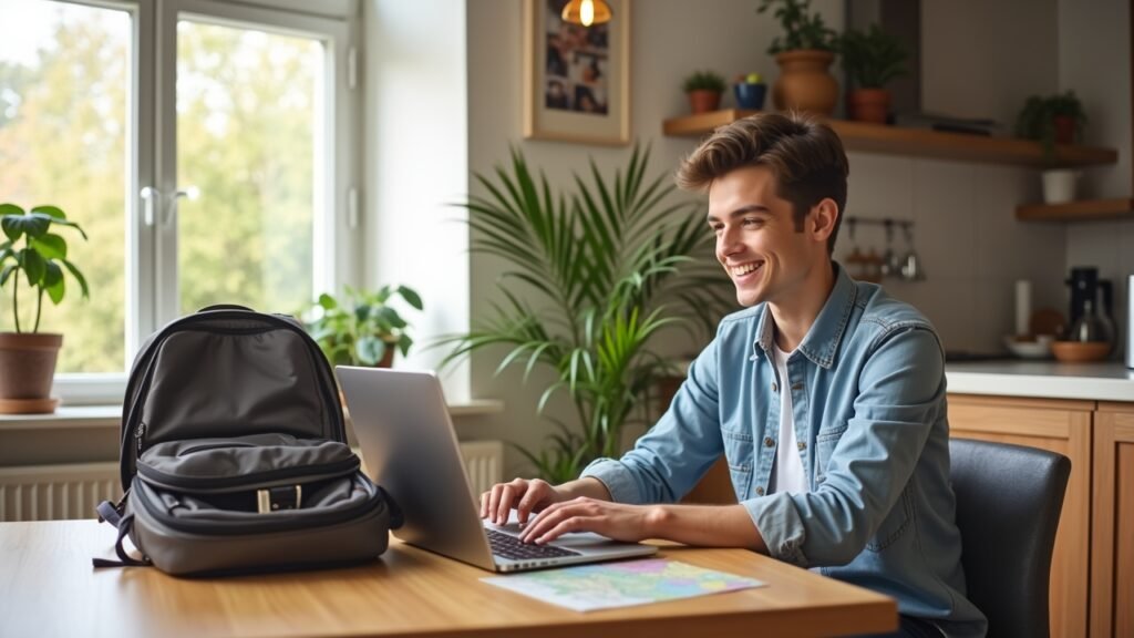 Traveler with laptop in exchange home