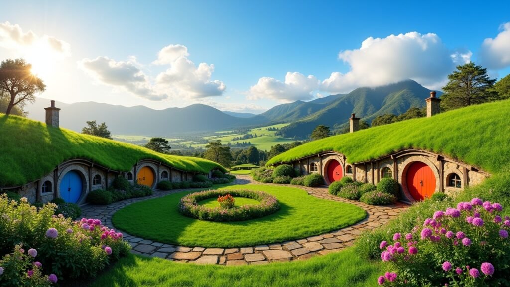 Hobbiton New Zealand green hills