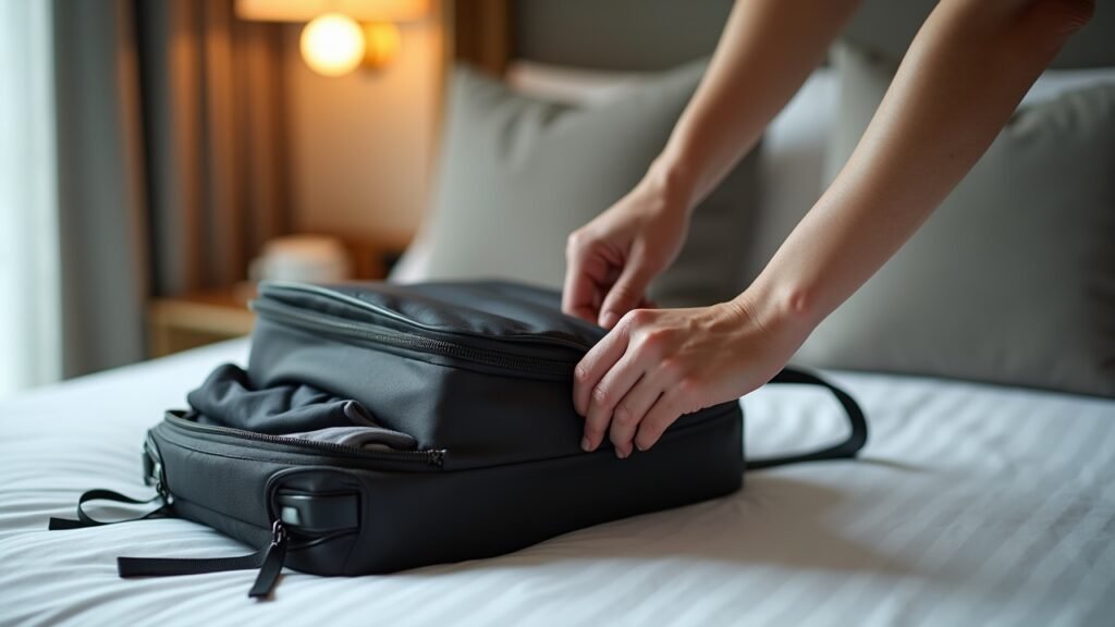 Person zipping up a carry-on bag