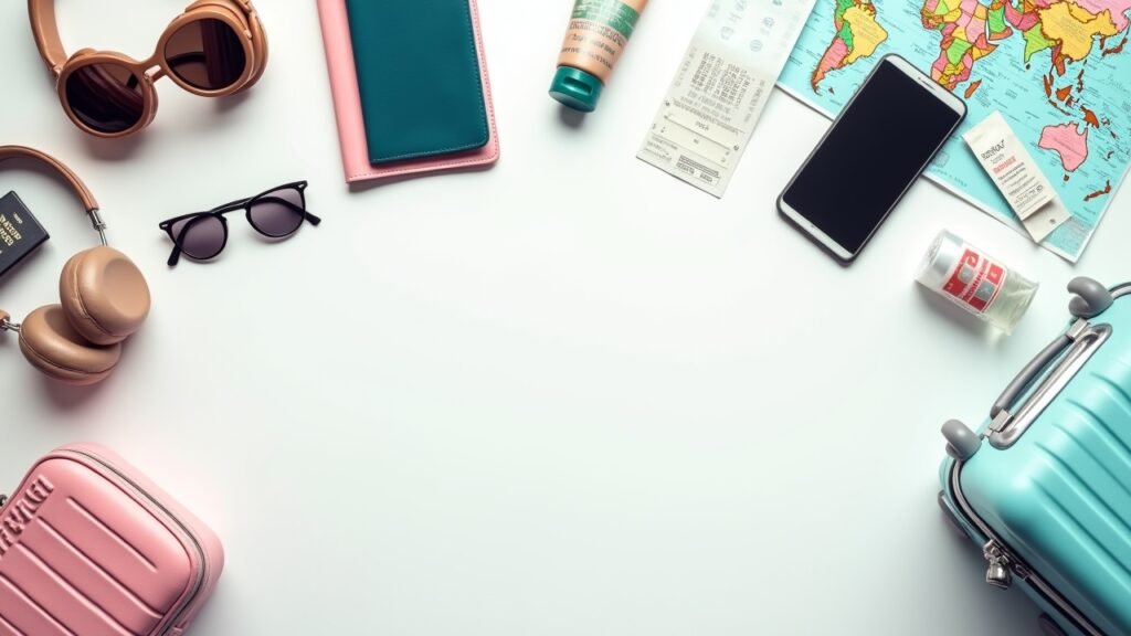 Flat lay of travel essentials on white surface