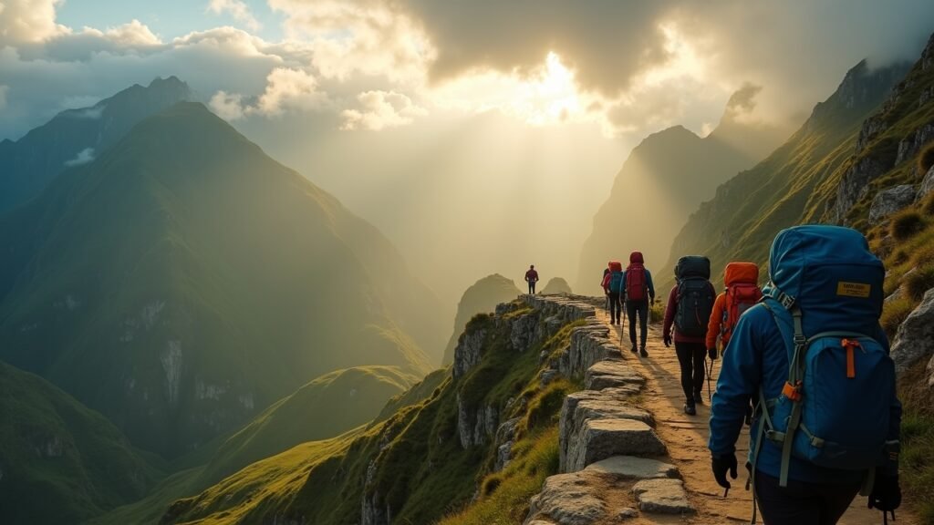 Inca Trail hikers with mountains