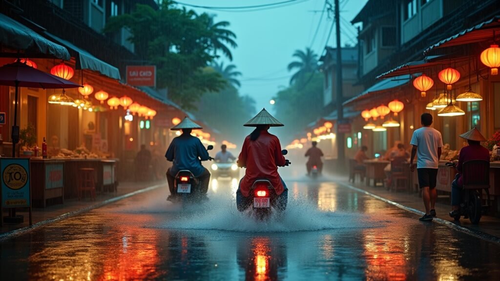 Monsoon rain on Vietnamese street