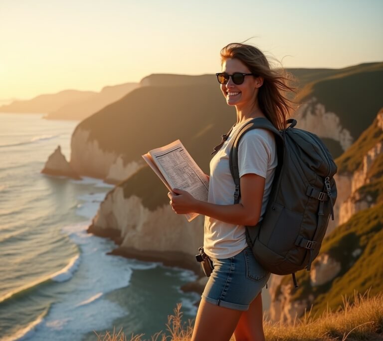 Solo traveler with backpack on mountain