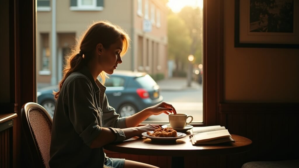 Person eating alone at cafe with book