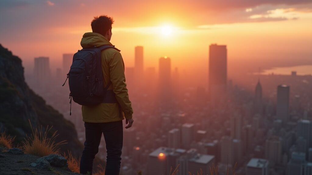 Solo hiker looking at city panorama