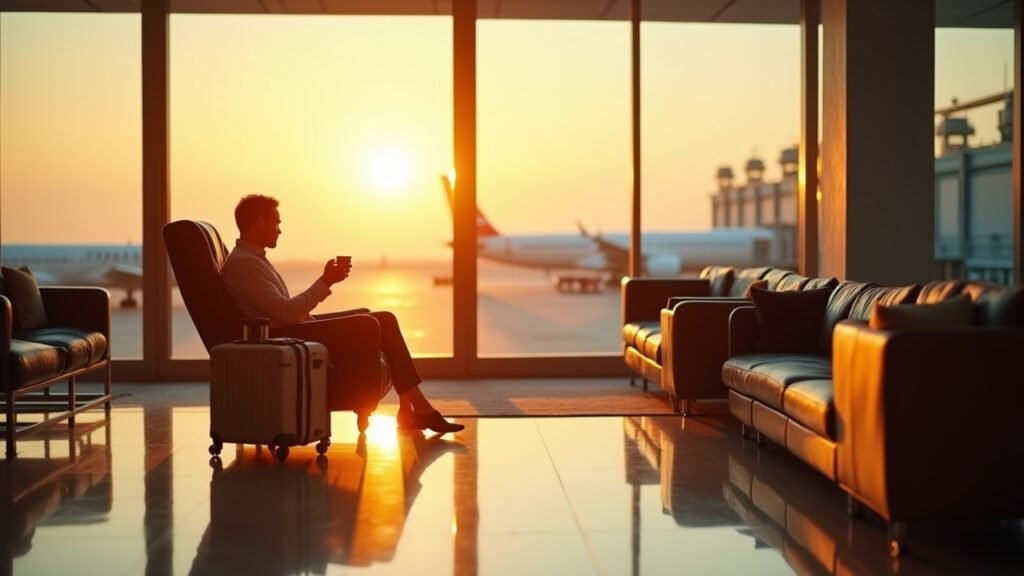 Airport lounge with traveler relaxing