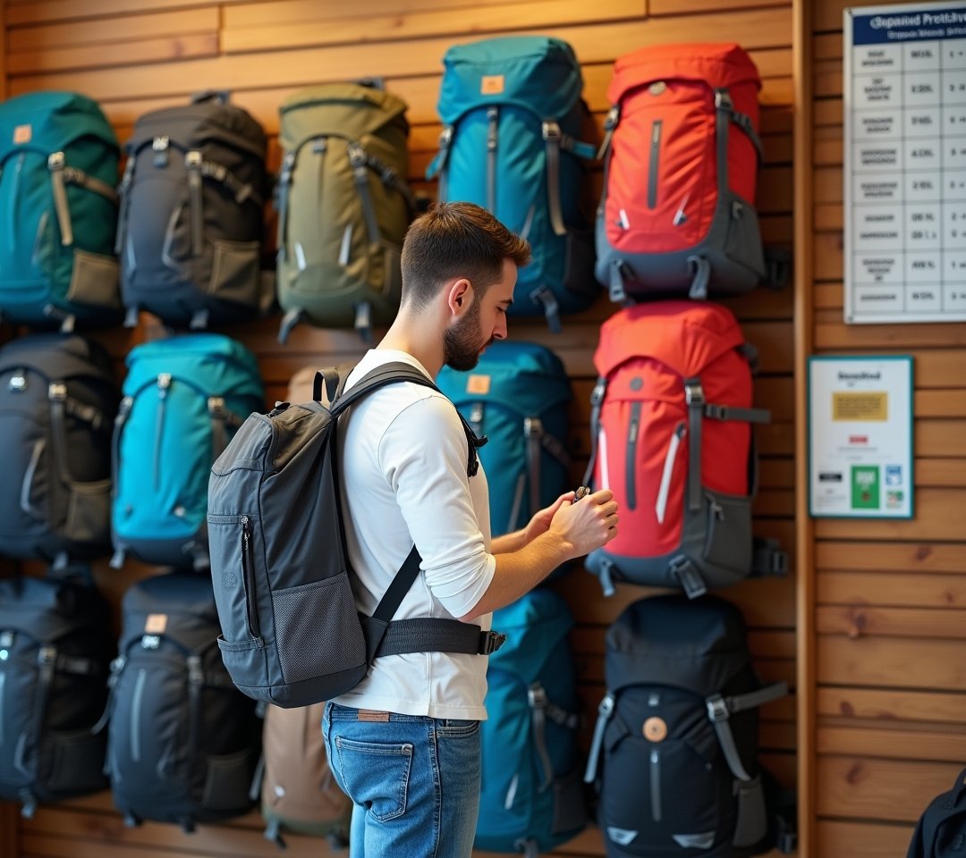 Several travel backpacks lined up outdoors