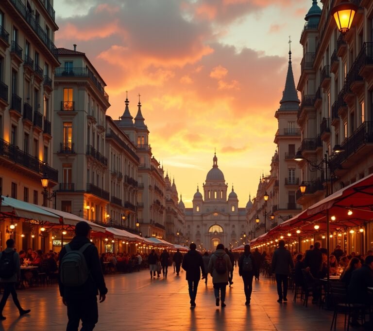 Gran Via Madrid street view sunset