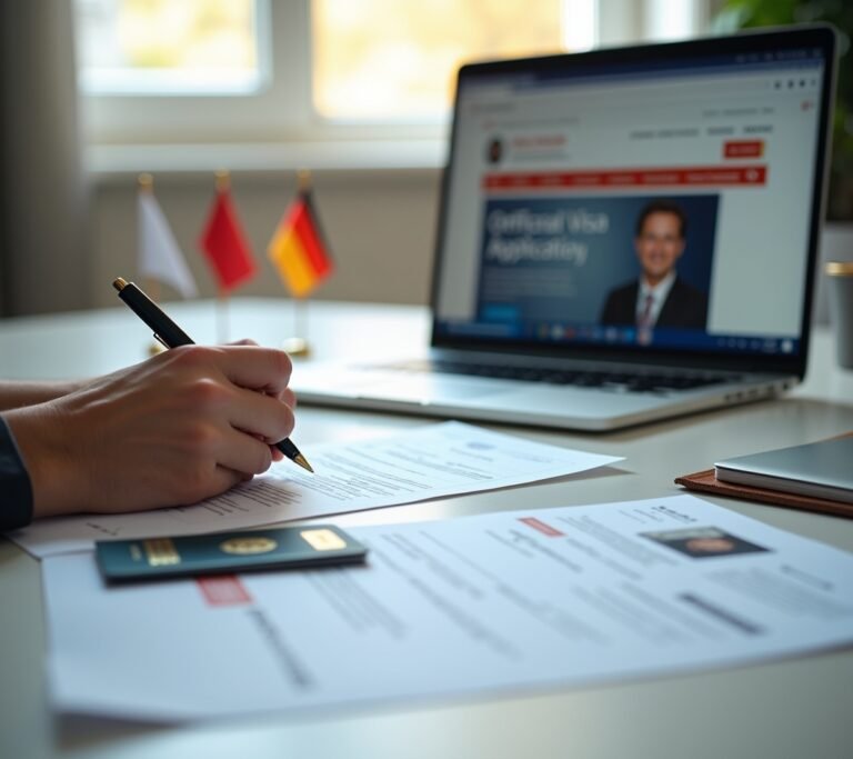 Passport and visa application on desk