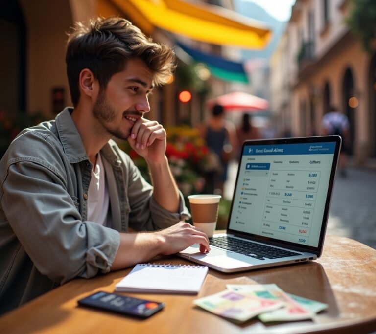 Traveler at currency exchange abroad
