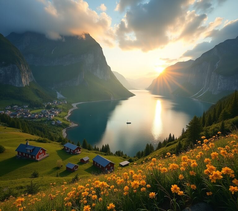 Norwegian fjord summer green reflection