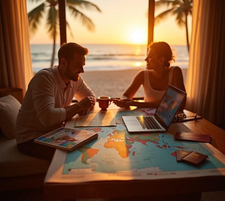 Couple walking on beach at sunset