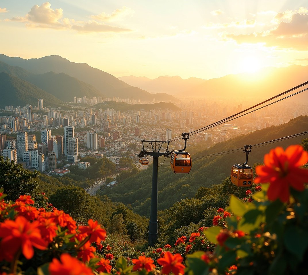 Medellin cable car above city rooftops