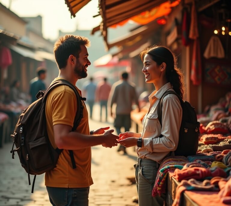 Traveler haggling at outdoor market