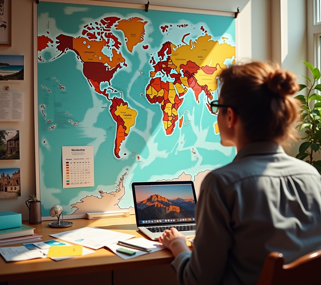 Traveler looking at globe deciding
