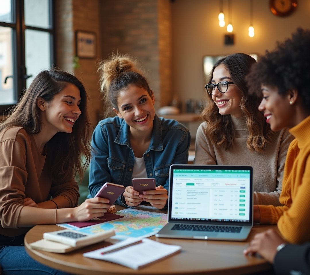 Friends group calculating trip expenses